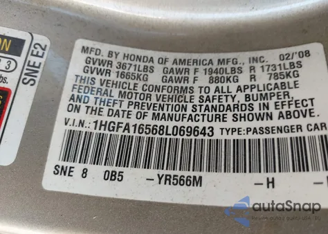 2008 Honda Civic Lx z USA, uszkodzony, nr VIN 1HGFA16568L069643